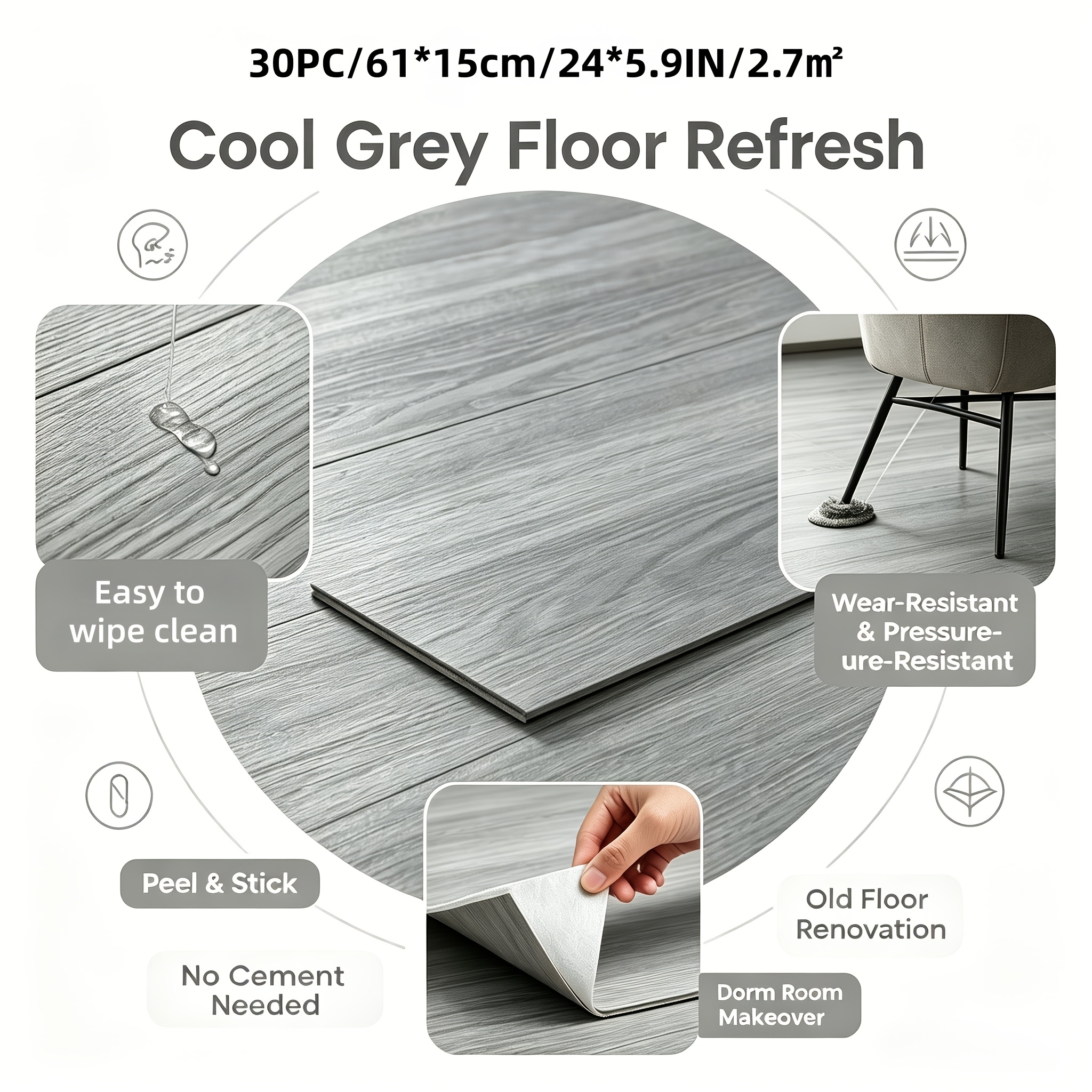 Image of 30pcs Self-adhesive Vinyl Floor Tiles Suitable For Renters, Removable Wood Grain Suitable For Bedroom, Kitchen, Apartment, Rv Floors - Pvc Floor Stickers With Installation, No Glue Required
