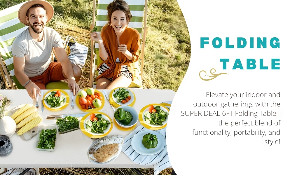 6FT Folding Table, 6 Foot Folding Table Heavy Duty, Portable Plastic Folding Table with Handle, Fold in Half Table for Indoor Outdoor Use, Fold Up Table for Camping Dining Party Picnic Events