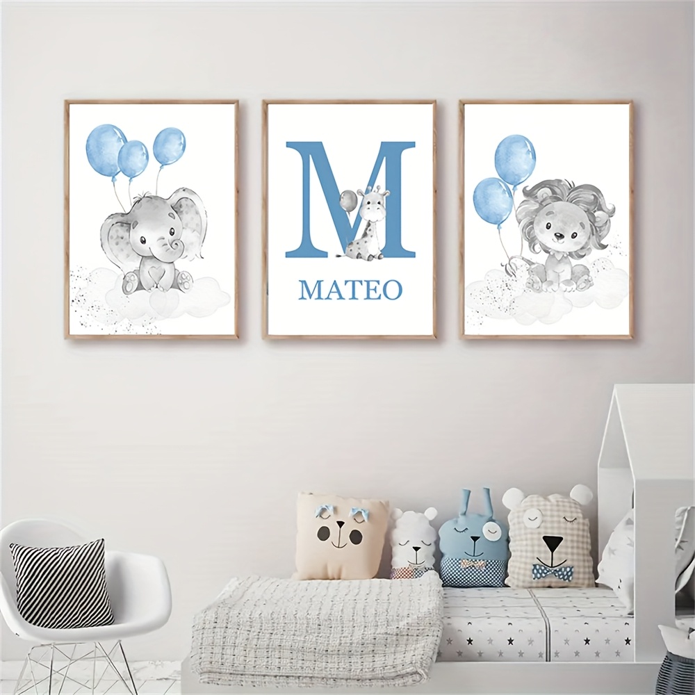 TEMU 3pcs Set - Blue Balloon Elephant And Lion Canvas Wall Poster, Personalized Custom Print, Modern Bohemian Animal Wall Art, Cartoon Style Wall