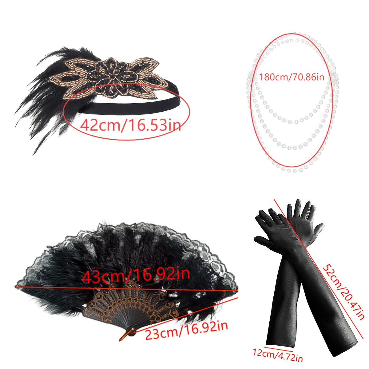 4pcs 1920s Vintage Party Accessories Set with Feather Headband and Fan
