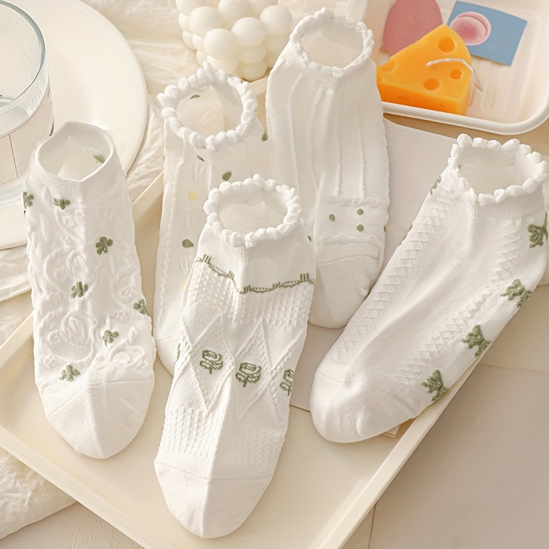 

1/5 Pairs Floral Pattern Socks, Sweet & Comfy Ruffle Short Socks, Women's Stockings & Hosiery