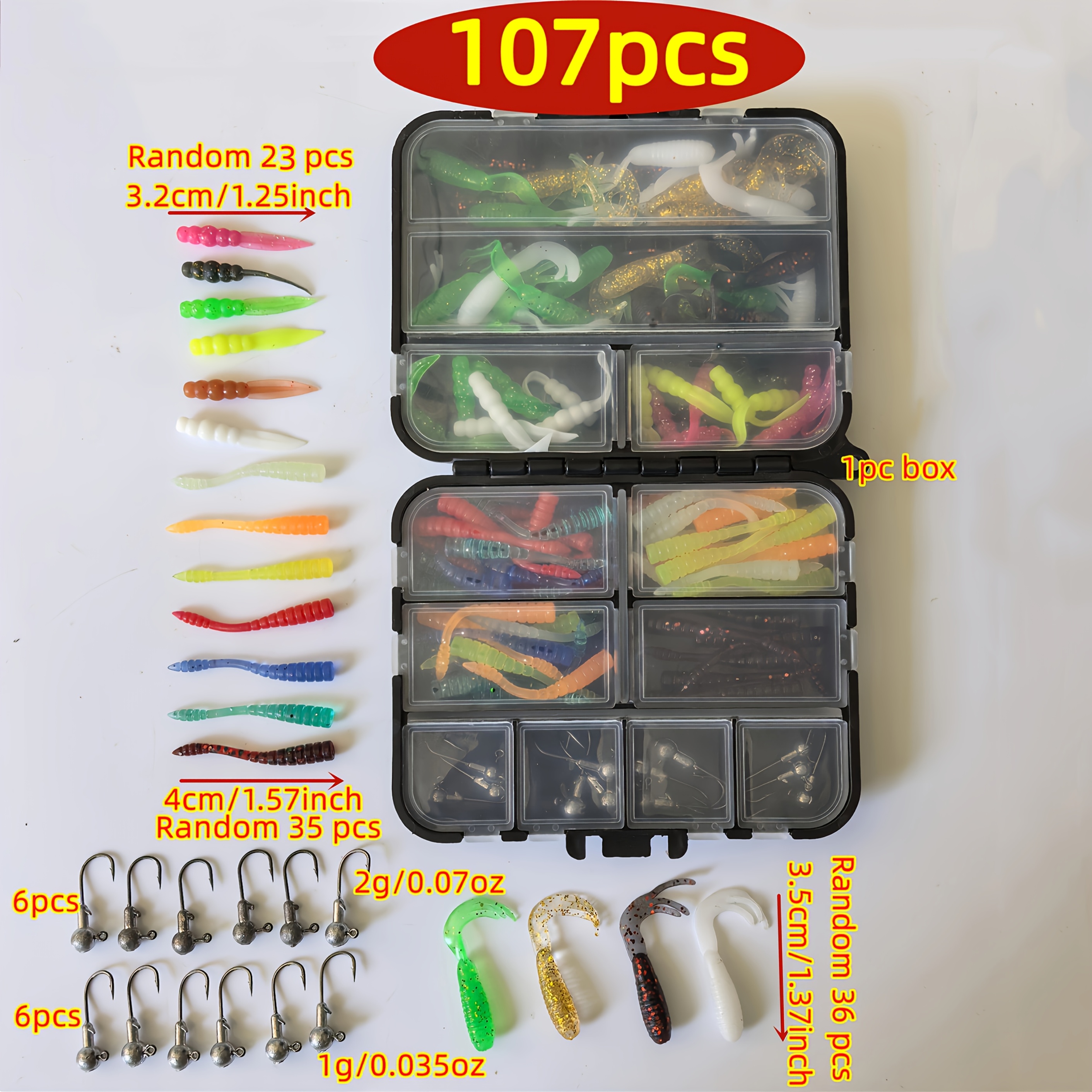 TEMU 107pcs Leurre Couleur Aléatoire Appât Appât Souple Pêche sur Glace Appât Souple Tête en Plomb Hameçon Ensemble, Leurre Poisson Mandarin Zander,