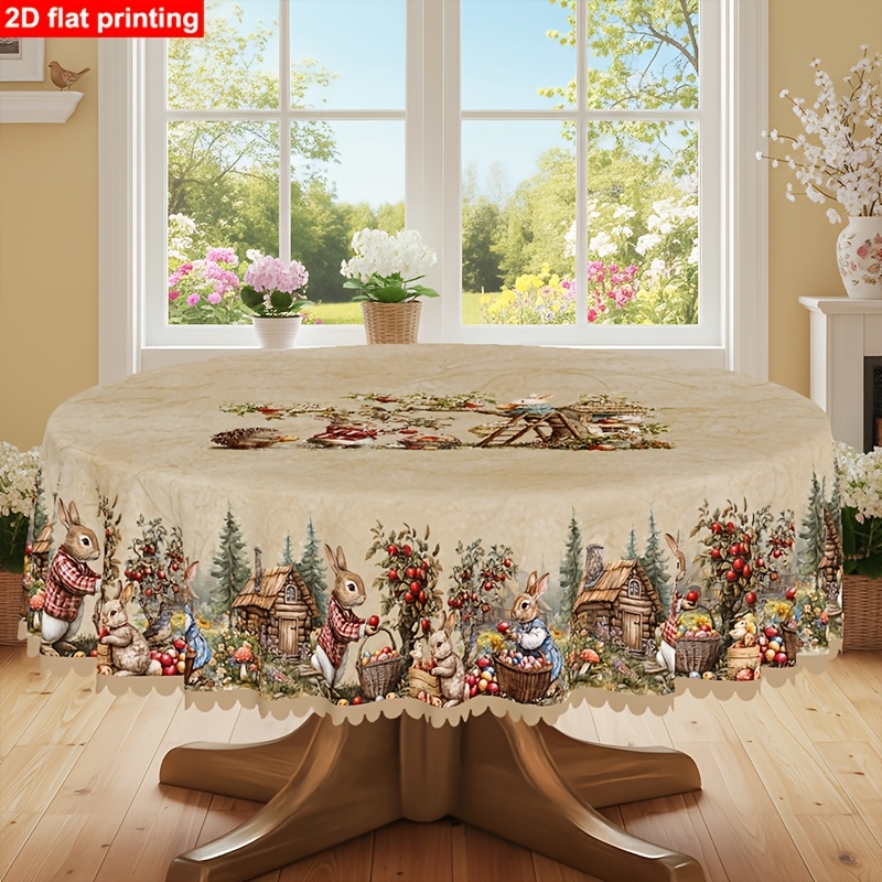 TEMU 1pc Of 2d Flat Easter-themed Party Tablecloth With Lace Trim, Featuring A - Design Of Spring/summer Rabbits, , Hedgehogs, And Colorful Eggs. In
