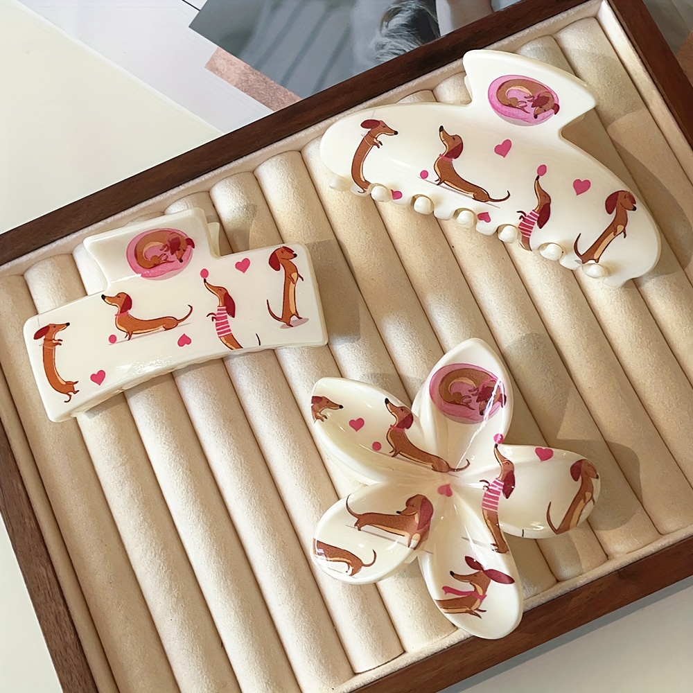 Image of A Set Of 3 Adorable Sausage Dog Print Abs Material Hair Claws, Featuring Dog Designs, Suitable For Thick Or Thin Hair And All Hairstyles, Perfect For Women And
