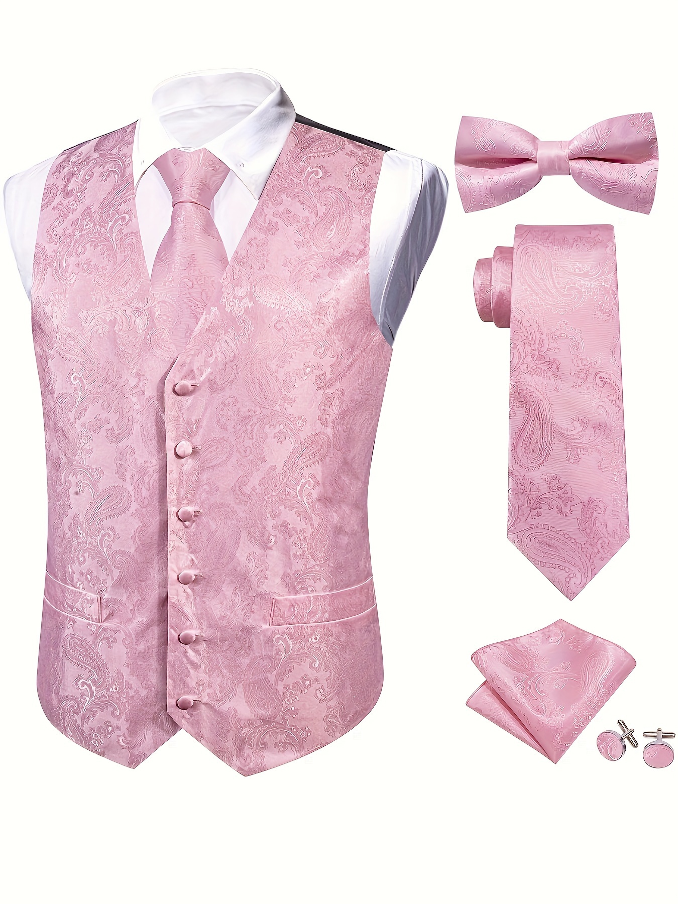 Pink Paisley Satin Tuxedo Vest with Bow hot Tie or Long Tie and Pocket Square