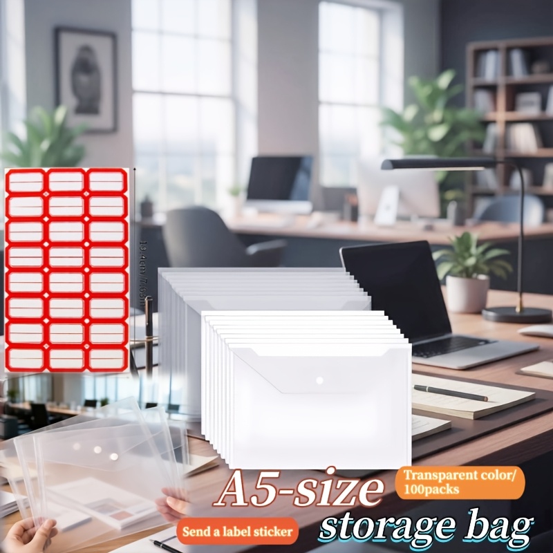 TEMU 100 Packs Clear A5 File Envelope Storage Bags, With 1 Sheet Of Label Stickers, Snap Button Pouch For Office And School Document Filing Bags