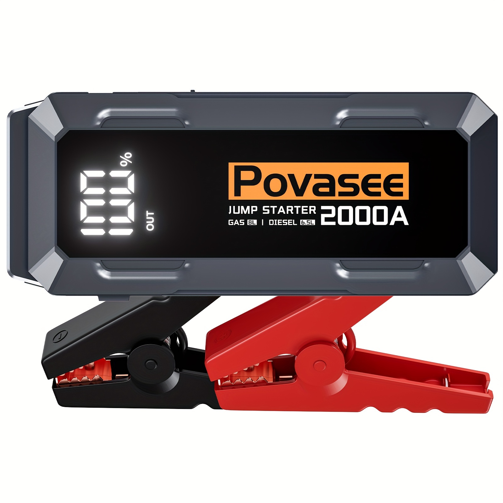 

Povasee 2000a Car Jump , 12v Portable Emergency Booster With Safety Clamp For 8l Gas & 6.5l Diesel Vehicles, 20000mah Power Bank