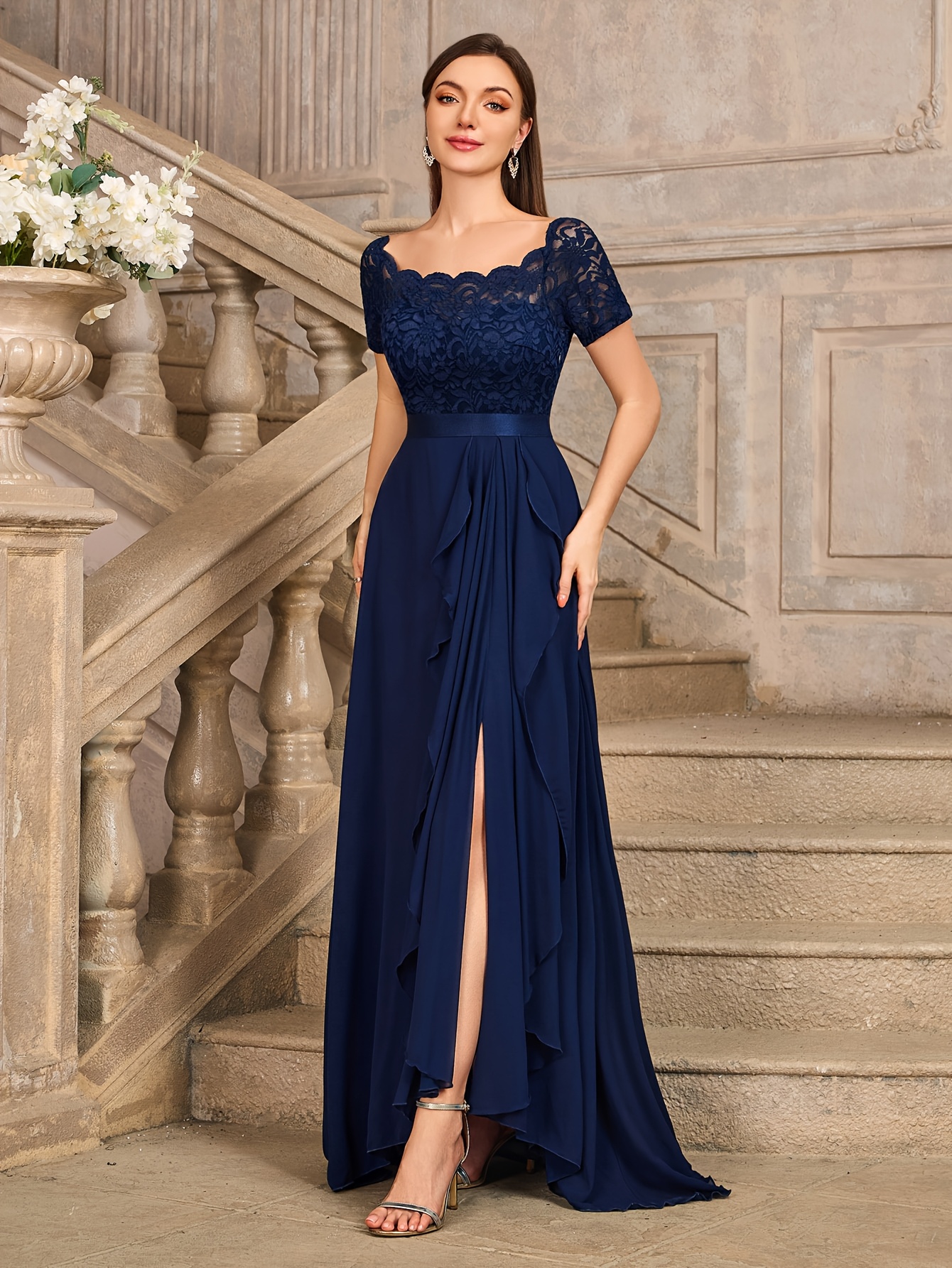 Short Sleeve Formal Evening Gown Women's Short Sleeve Chiffon Bridesmaid Dress – Flutter Sleeve Side Slit Formal Evening Gown With Pockets, A-Line Lace-Up Back