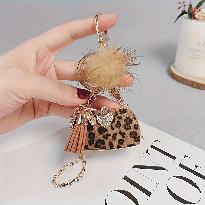 

1pc Chic Leopard Print Plush Keychain With Heart Charm & Tassel - Soft Fur , Stylish Bag Accessory For Women - Ideal Valentine's Gift