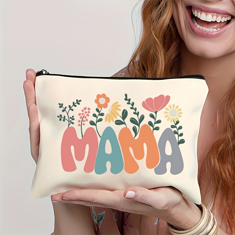 

Cotton Casual Zippered Makeup Bag With "mama" Print - Hand Washable, Lightweight Travel Cosmetic Pouch, Multifunctional Teacher Gift, Present - No Strap, No Accessories Included