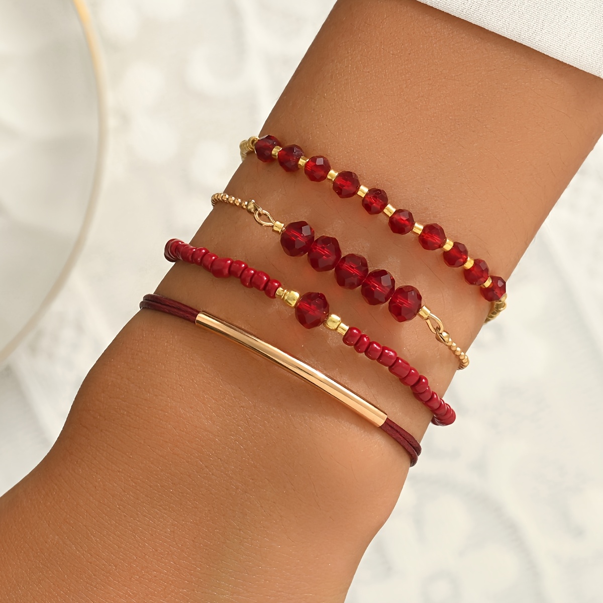 TEMU 4pcs Sexy Wine Bead Bracelet Set Retro Fashion Handmade Beaded Elastic Bracelet Versatile Women's Jewelry Suitable For Gifts New Year's Gifts