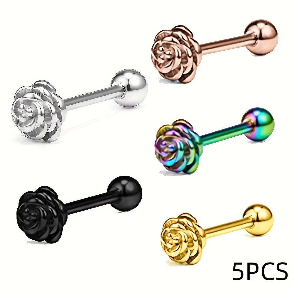 1-5pcs Multicolor Stainless Steel Tongue Stud Rose Flower Sphere Piercing Jewelry Tongue Stud