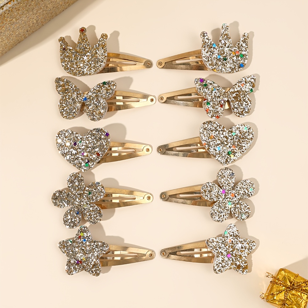 Image of 10pcs Sweet Glitter Hair Claw Clips For Golden Glitter Crown Heart Hair Clips Sparkling Hair Additions For Prom Parties