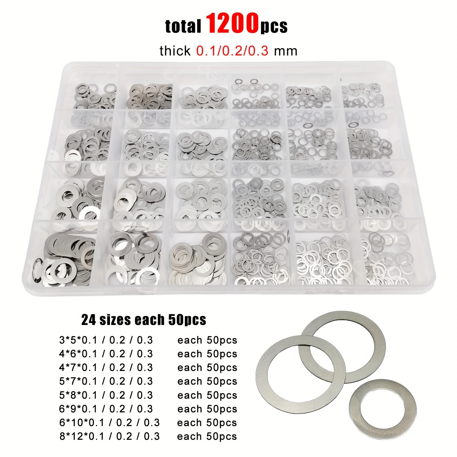 

1200pcs Ultra-thin Flat Washer Set - Precision Adjusting Shim Gaskets, 304 A2 Stainless Steel, 24 Sizes (-3mm) For Mechanical Applications