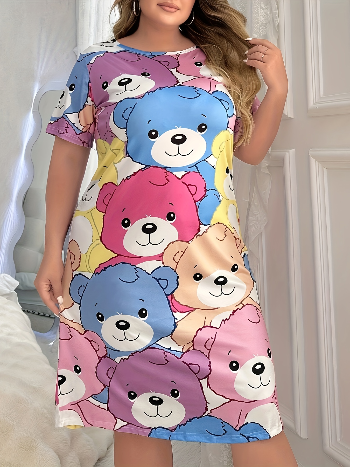 Women's Cute Cartoon Bear Print Sleep Dress - Soft Short Sleeve Round Neck Nightgown, Machine Washable All-Season Lounge Dress for Adults, Ladies Sleepwear, Cozy Nightgown, Whimsical Nightwear, Comfortable Material, Casual Nightwear, Adult Nightgown