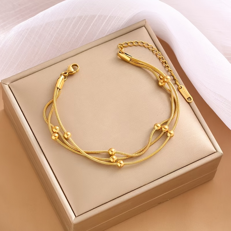 TEMU Popular Versatile Stainless Steel Three-layer Snake Bone Chain Clip Ball Bracelet Stacking Fashion Titanium Steel 18k Plated Round Snake Chain