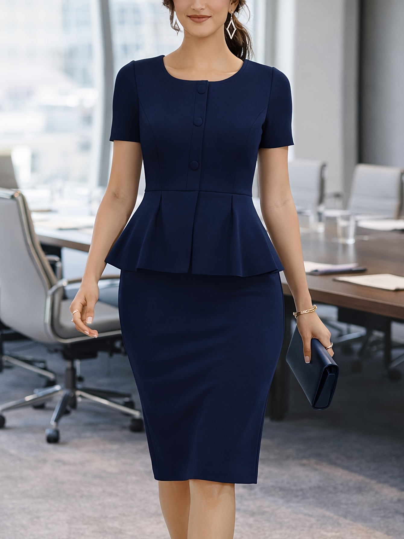 elegant womens navy blue short sleeve simple dress