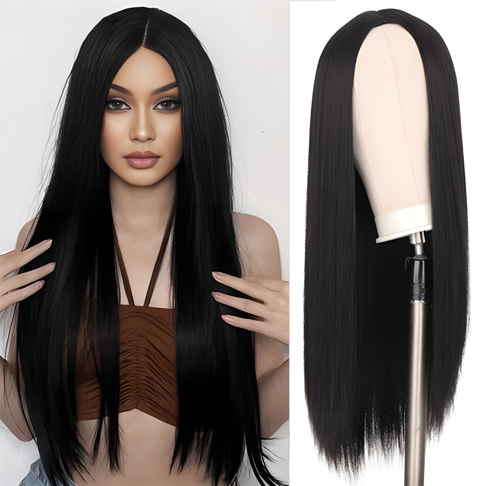 TEMU Fashionable Black Long Straight Wig With Center Part, Appearance, High-density Synthetic Wig, Suitable For Halloween, Role-playing, Daily And