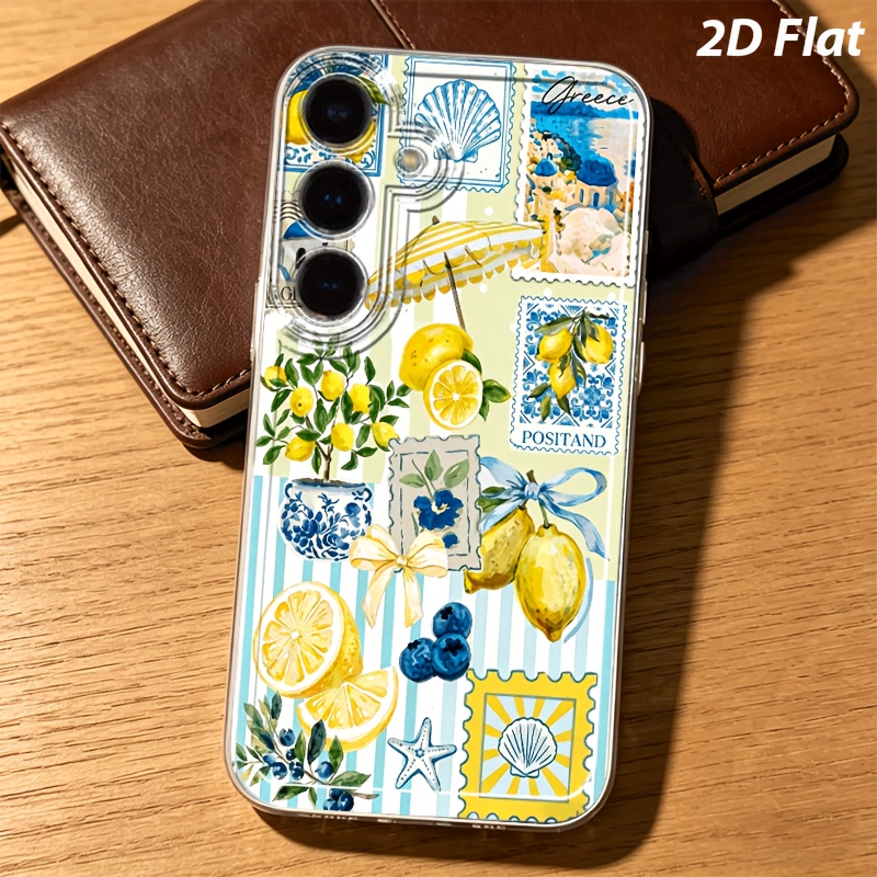 TEMU Phone Case - 2d Flat Blue And White Town And Lemon Pattern Phone Case Suitable For Galaxy A05s A06 A17 A21s A22 A56 S21 Ultra S22 Plus S23+ S24