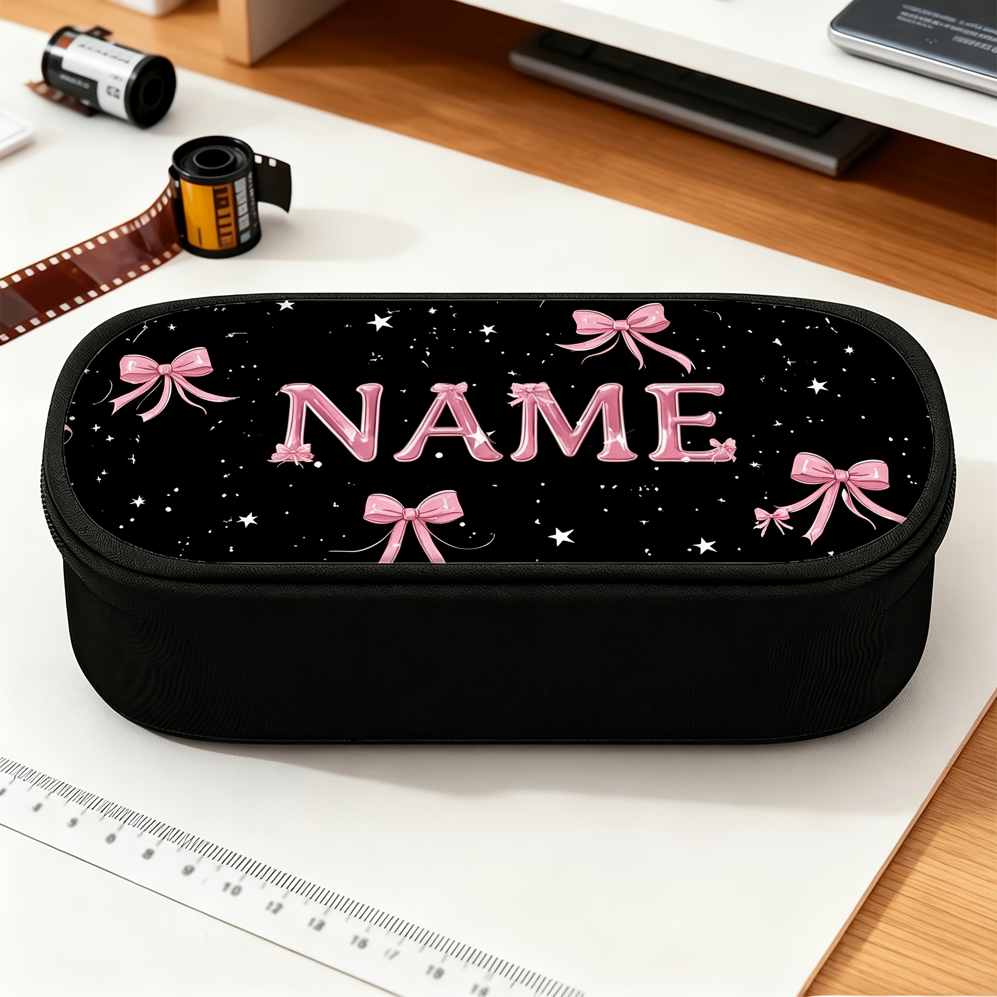 TEMU Customized 1pc Pink Bows 2d Flat Pattern Large Pencil Case With Zippered Compartments, Fashionable Personalized Custom Name/text Pencil Pouch