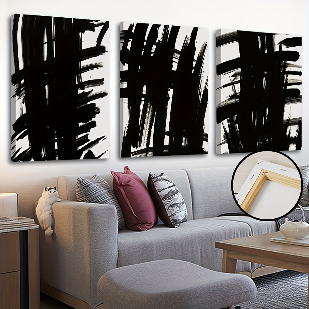 

3pcs/set Wooden Framed Canvas Poster, Modern Art, Abstract Black Lines, Ideal Gift For Bedroom Living Room Corridor, Wall Art, Wall Decor, Winter Decor, Room Decoration