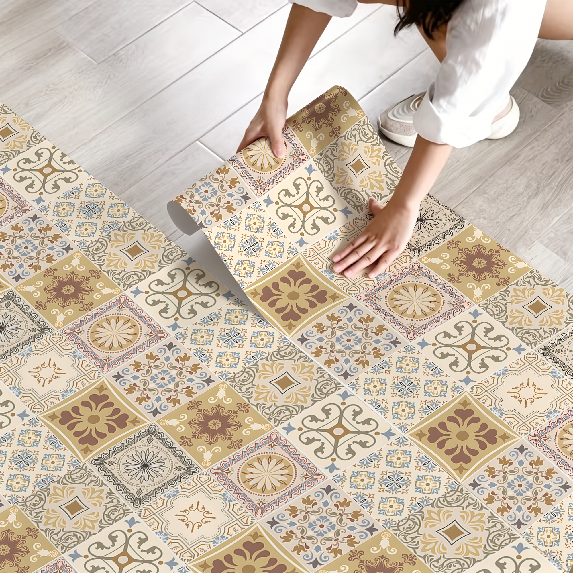 TEMU 1 Rouleau d'Autocollant de Sol Mosaïque Bohème Beige, 40*120cm, Décalcomanie Amovible en Vinyle à et Coller, Carreau de Sol Géométrique Joint,