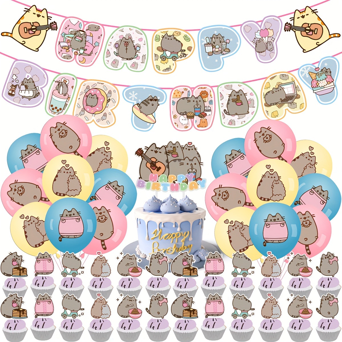 

1set Cat Birthday Party Decorations - Purr-fect Funny Cute Cat Themed Party Supplies With Banner, Cake Topper, Balloons, Cup Toppers - Paper & Rubber, No Electricity Needed, Feather-free