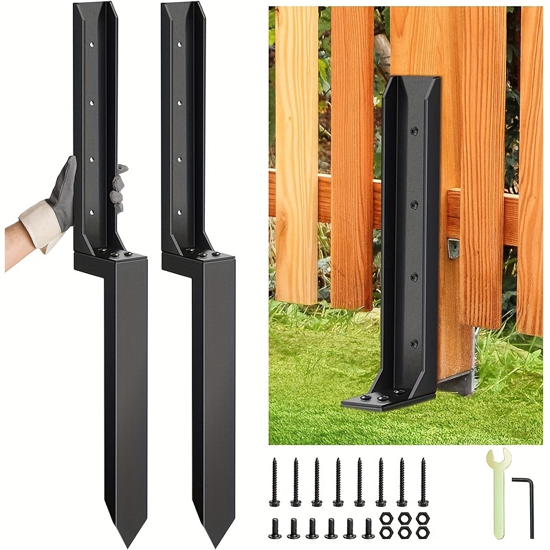 

2pcs Heavy-duty Steel Fence Post Repair Kit With Ground Anchors - Black, Ideal For Wooden & Metal Fences