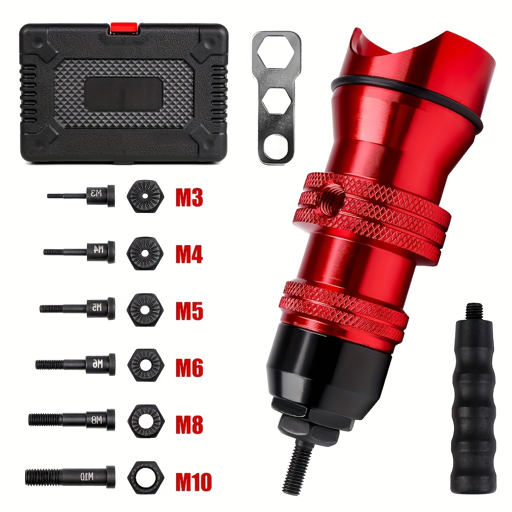 1 set metal rivet nut gun kit   m4 m5 m6 m8 m10 rivet adapter manual cordless drill conversion head anti slip handle nut rivet tool kit suitable for furniture car parts metal plate   with durable storage box without battery