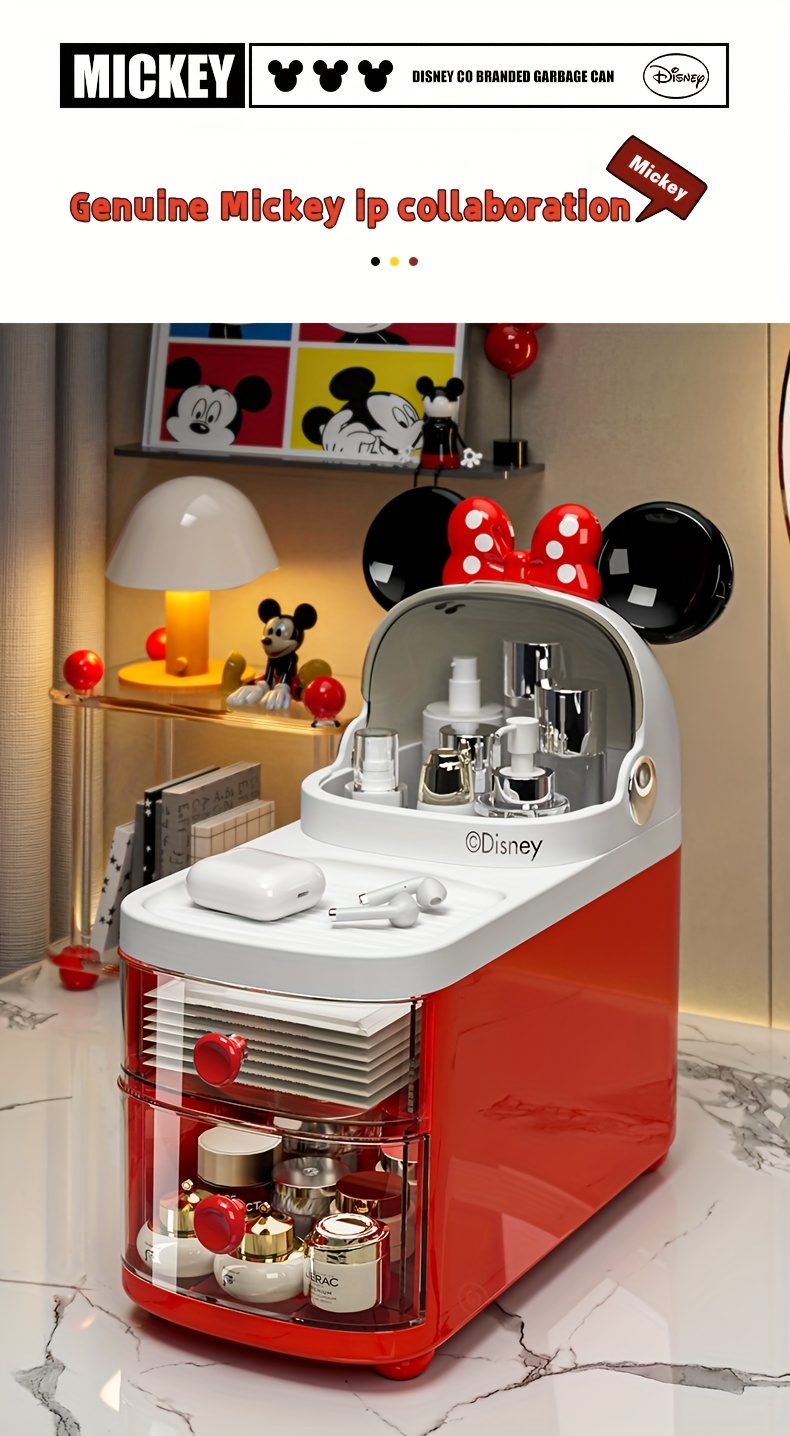 1pc Mickey & Minnie Mouse Series No-Drill Bathroom Multi-Compartment Transparent Cosmetic Organizer - Freestanding Multifunctional Storage Box with Wheels, Large Capacity for Makeup, Toiletries, Tissues - Durable Plastic Bathroom Accessories, Makeup Organizers Storage, Playful Design, Polished Finish