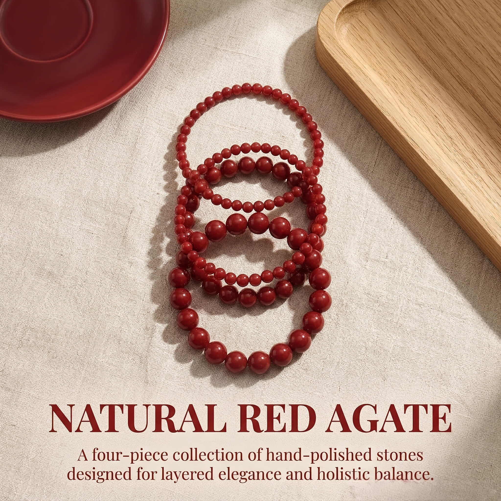 TEMU Set van 4 armbanden met natuurlijke echte Zuidelijke rode agaat kralen: vier verschillende maten (4mm/6mm/8mm/10mm) die geweldig zijn om te