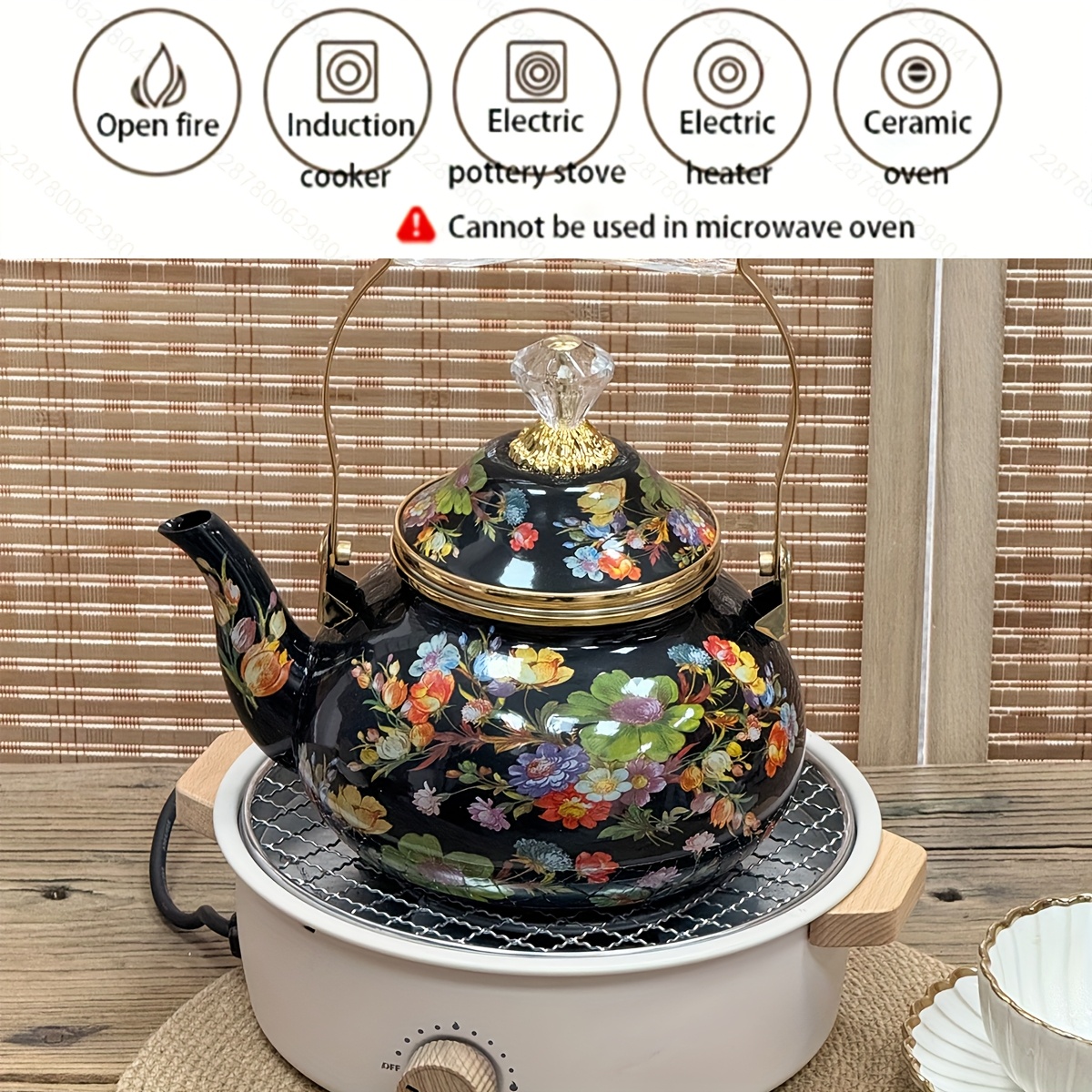 a vintage floral 3d diamond metal handle round kettle featuring a