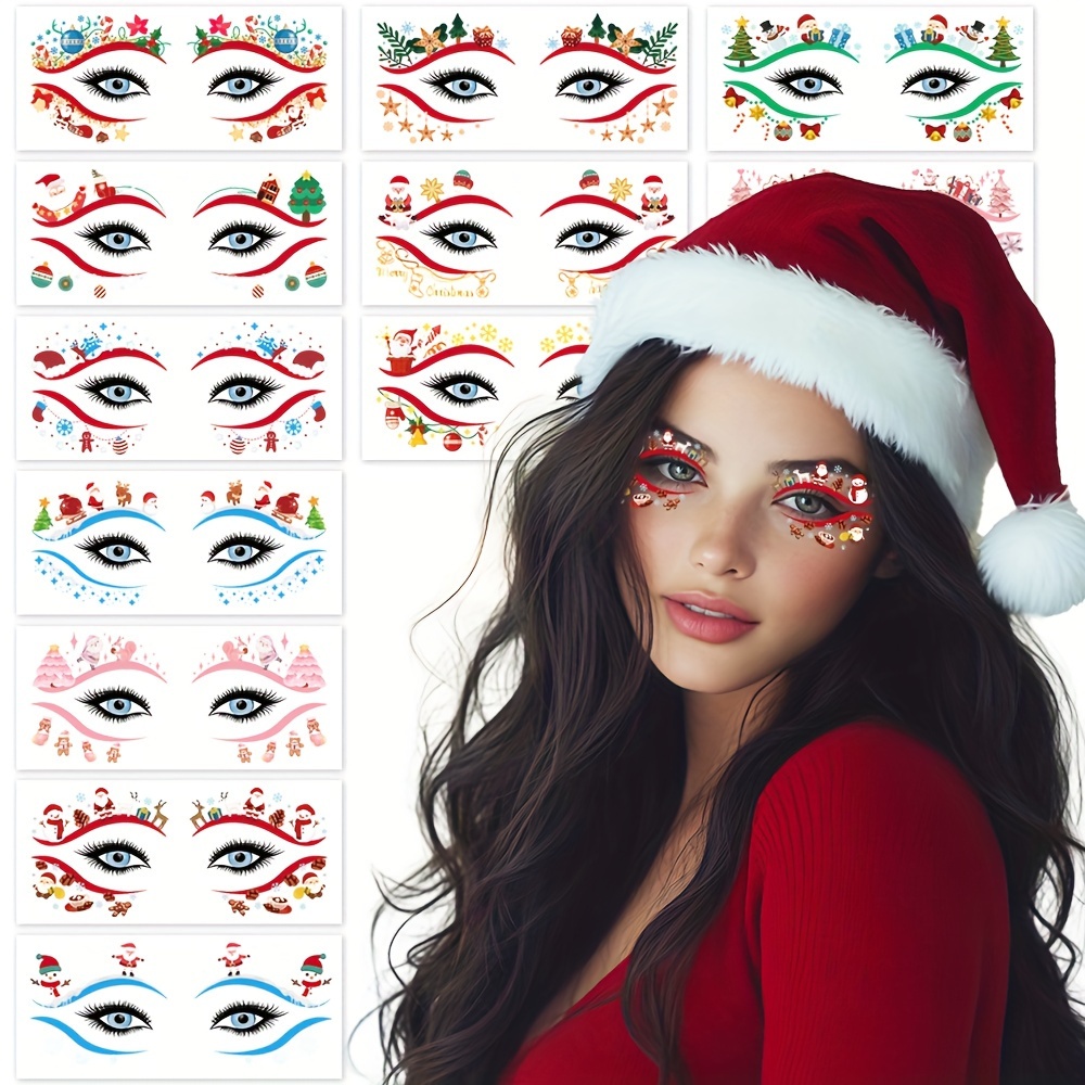 

12pcs Christmas Eye Makeup Stickers Set - Waterproof & , Featuring Trees, Snowflakes & Reindeer Designs - Holiday Parties & Gifts, Best For Christmas