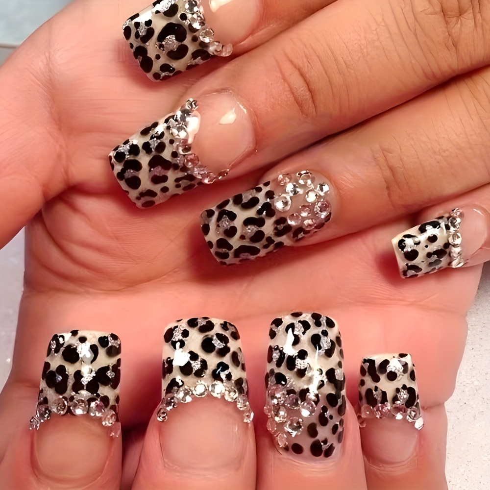 

24pcs Chic Leopard Print Press-on Nails Set With Silvery Glitter & Rhinestones - Short Square, For Women And Girls