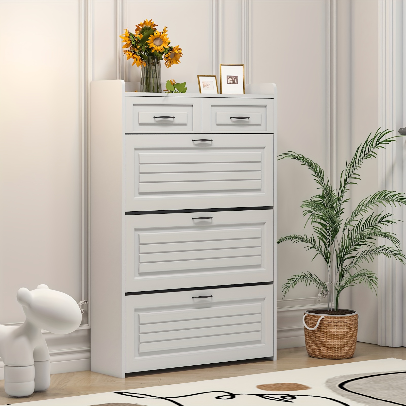 

White Color Shoe Cabinet With 3 Doors 2 Drawers, Pvc Door With Shape, Large Space For Storage