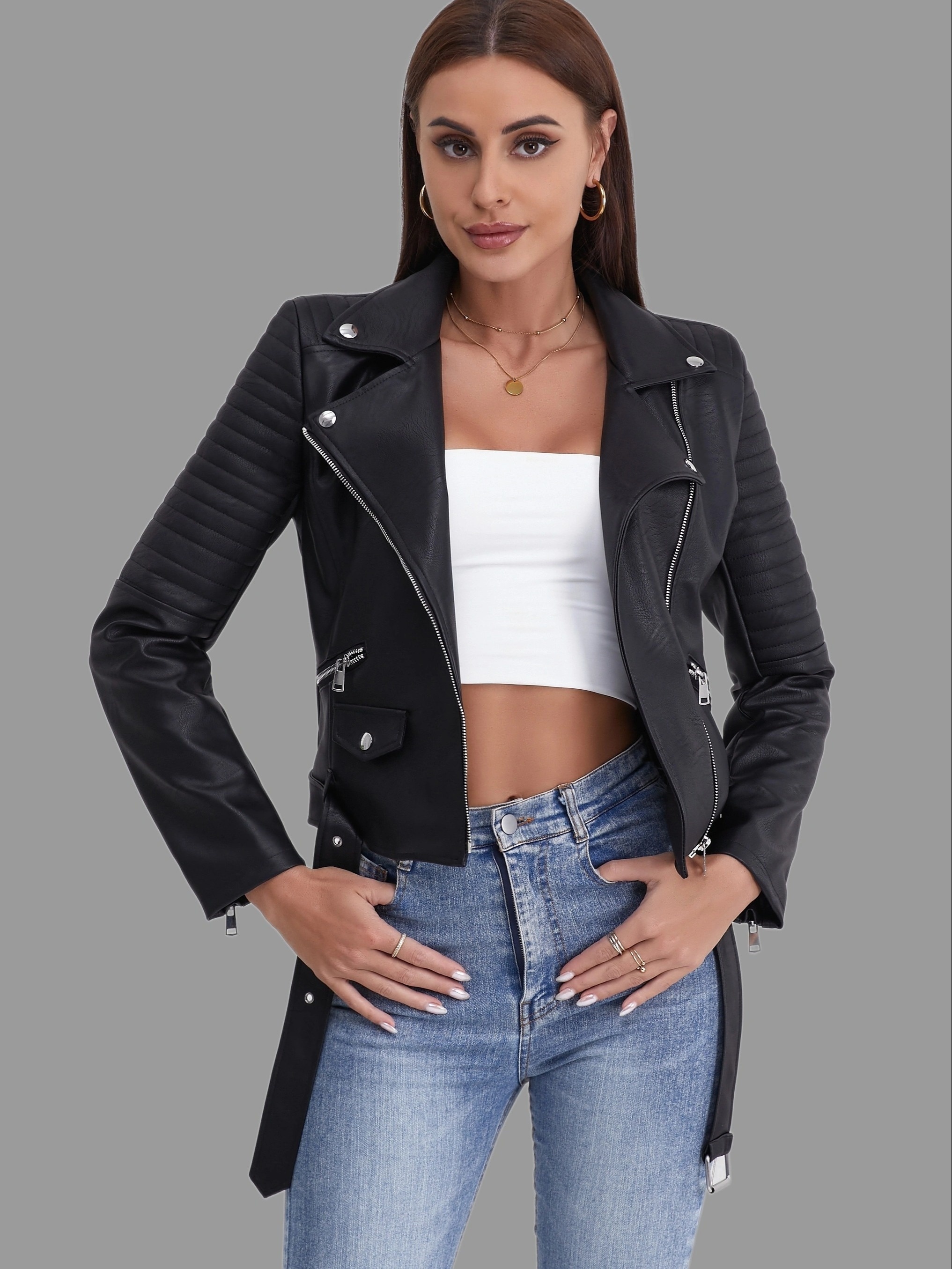 Solid Leather Biker Jacket Streetwear Long Sleeve Zipper - Temu