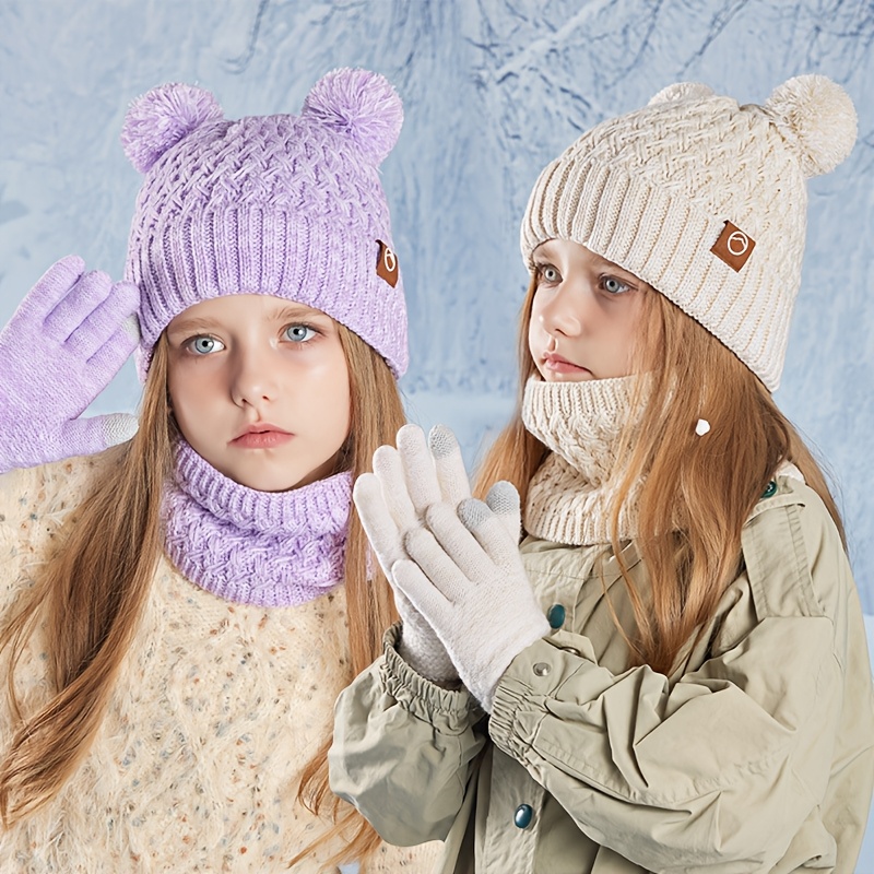 Wintermtze Schal Handschuhe 3-teiliges Set Doppel * Fleecegeftterte  Jungen Mdchen Mtze Outdoor Warmer Ohrschutz Strick Kapuze Hals Schal Set 4