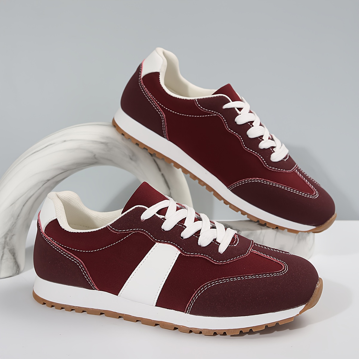 womens low top sneakers   round toe sneakers with arch support cushioned tpr sole synthetic cover upper burgundy white   white laces casual gym casual attire comfortable versatile all purpose shoes 2025 spring autumn   lace up closure breathable fabric lining insole durable tpr sole hand   clean   in burgundy white gym footwear sporty design lightweight construction supportive footwear women Product details 4