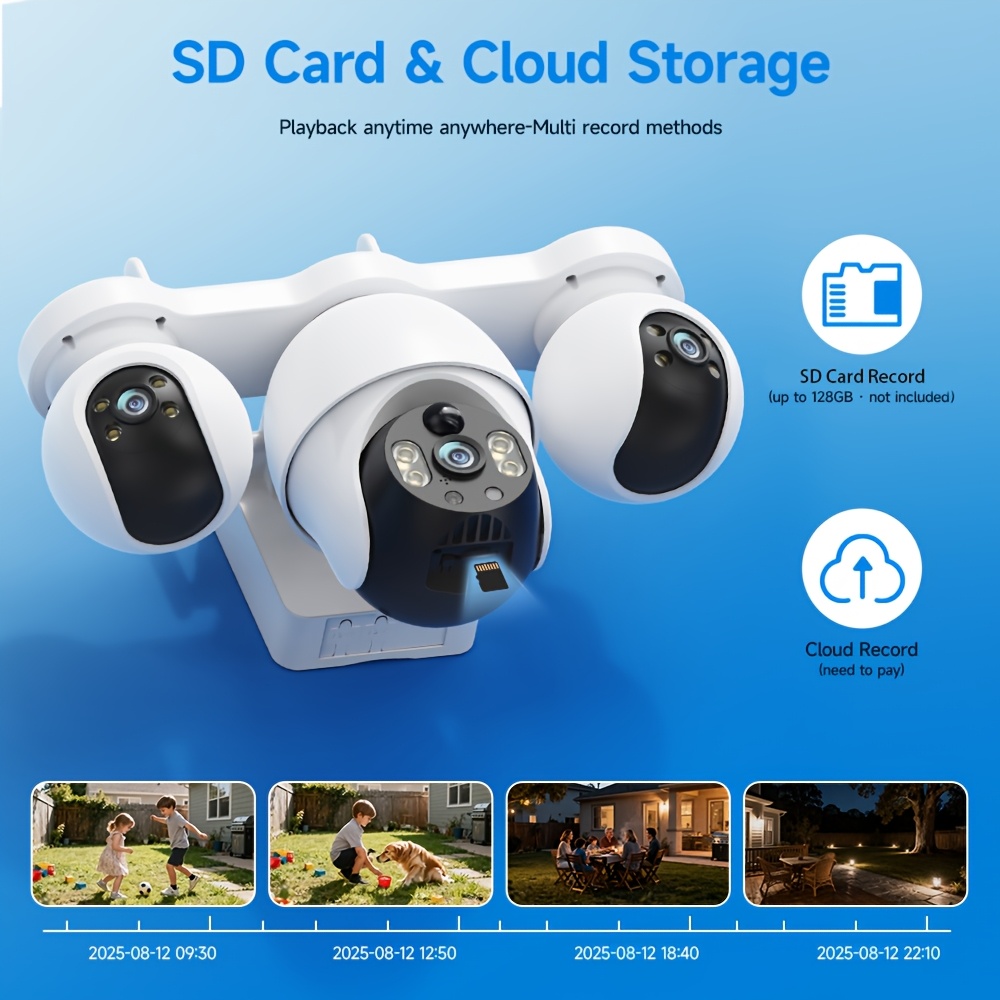 Caméra de sécurité V380MAX | Enregistrement toutes saisons 6MP, prend en charge le WI-FI 2.4Hz, système de surveillance sans fil, fonction audio bidirectionnelle, rotation à 360°, détection de mouvement simultanée à trois objectifs, stockage cloud, convient pour une utilisation extérieure, commerciale et domestique