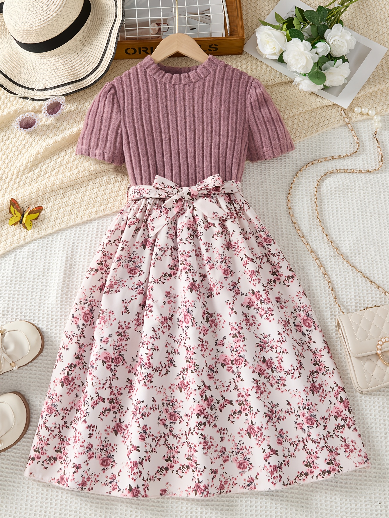 Girls' * Fall Outerwear Dress, Solid Striped Round Neck with Floral Belt  And * Hem, Full Floral Print Dress * Style