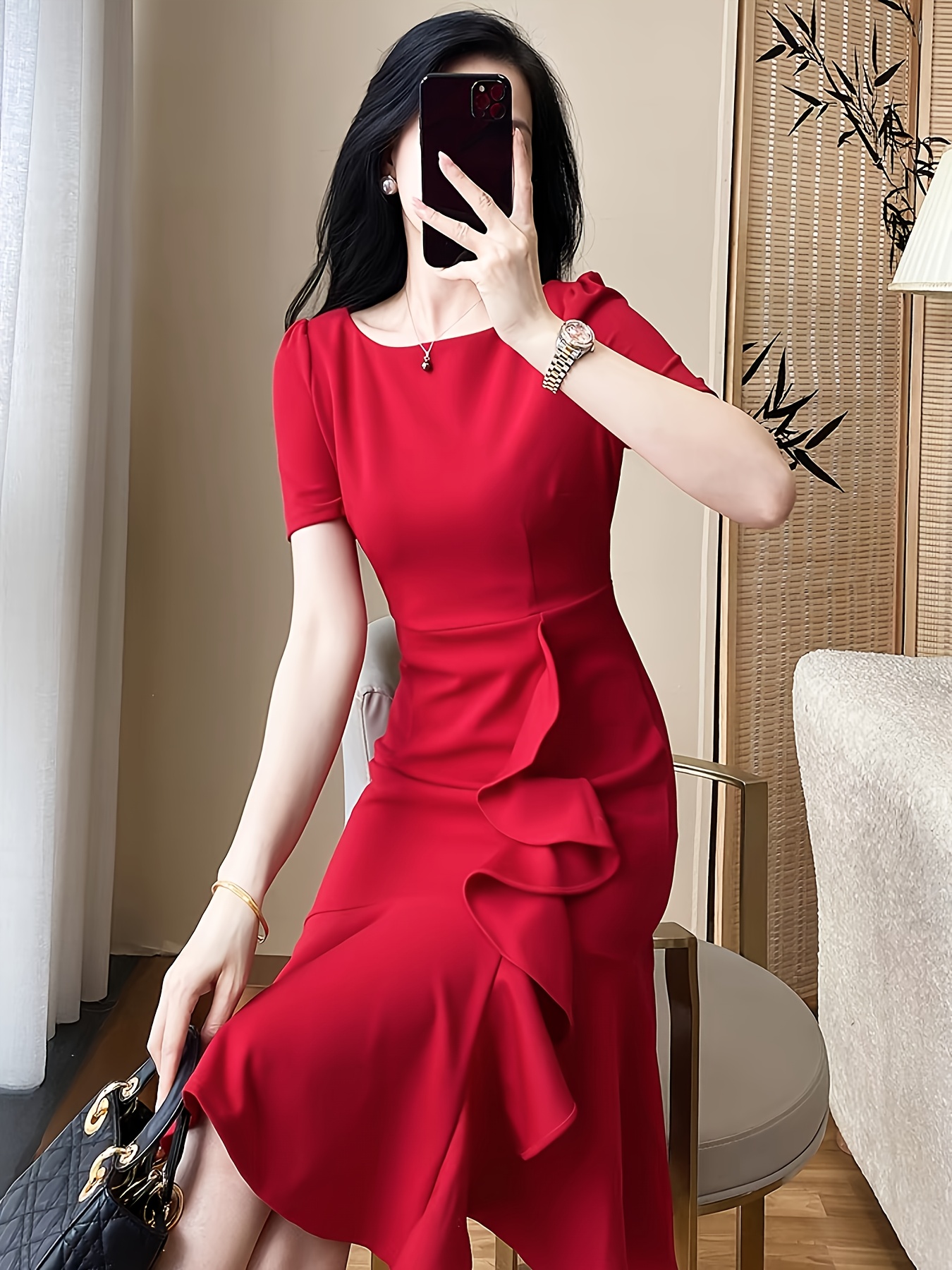 Summer New Women'S Casual Elegant * Fit Solid Color Boat Neck * Short  Sleeved Dress