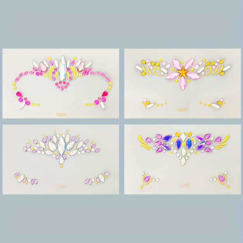 Image of 4pcs Sparkling Face Gems - Multicolor Rhinestone Temp For Diy Makeup, Festival, Party & Performance - Easy Application, Reusable, Long-lasting Adhesive Face Jewels