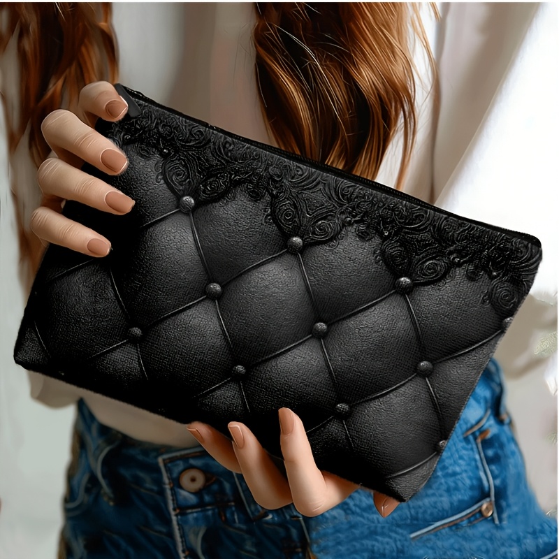 TEMU 2d Flat Black Rhombus Quilting + Three-dimensional Lace Trim Decoration, Dark Gray Tone, Light Luxury Vintage Style, Double-sided Printed Makeup