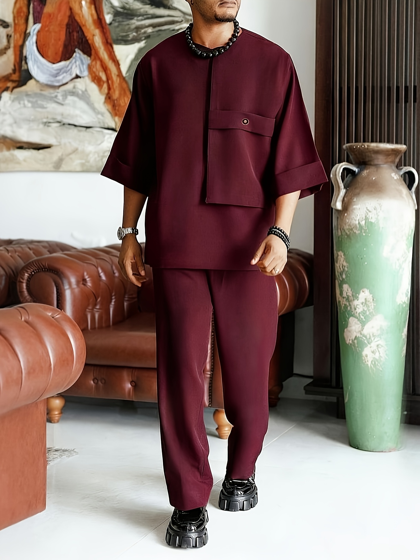 African Traditional Dashiki Set for Men, Solid Color with Pocket Design, Fashionable Short Sleeve + Pants, Essential for Summer Outings and Photoshoots, Wedding/Birthday/Party Celebration Outfit, Trendy Set, Ideal Gift for Family or Friends