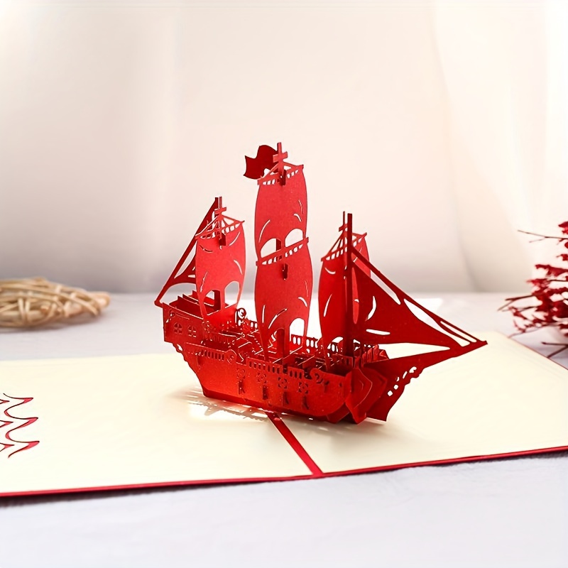 

1pc Creative 3d Three-dimensional Hollow Sailboat Birthday Greeting Card, Handmade Paper Carving 1 Windy Blessing Message Card Foldable