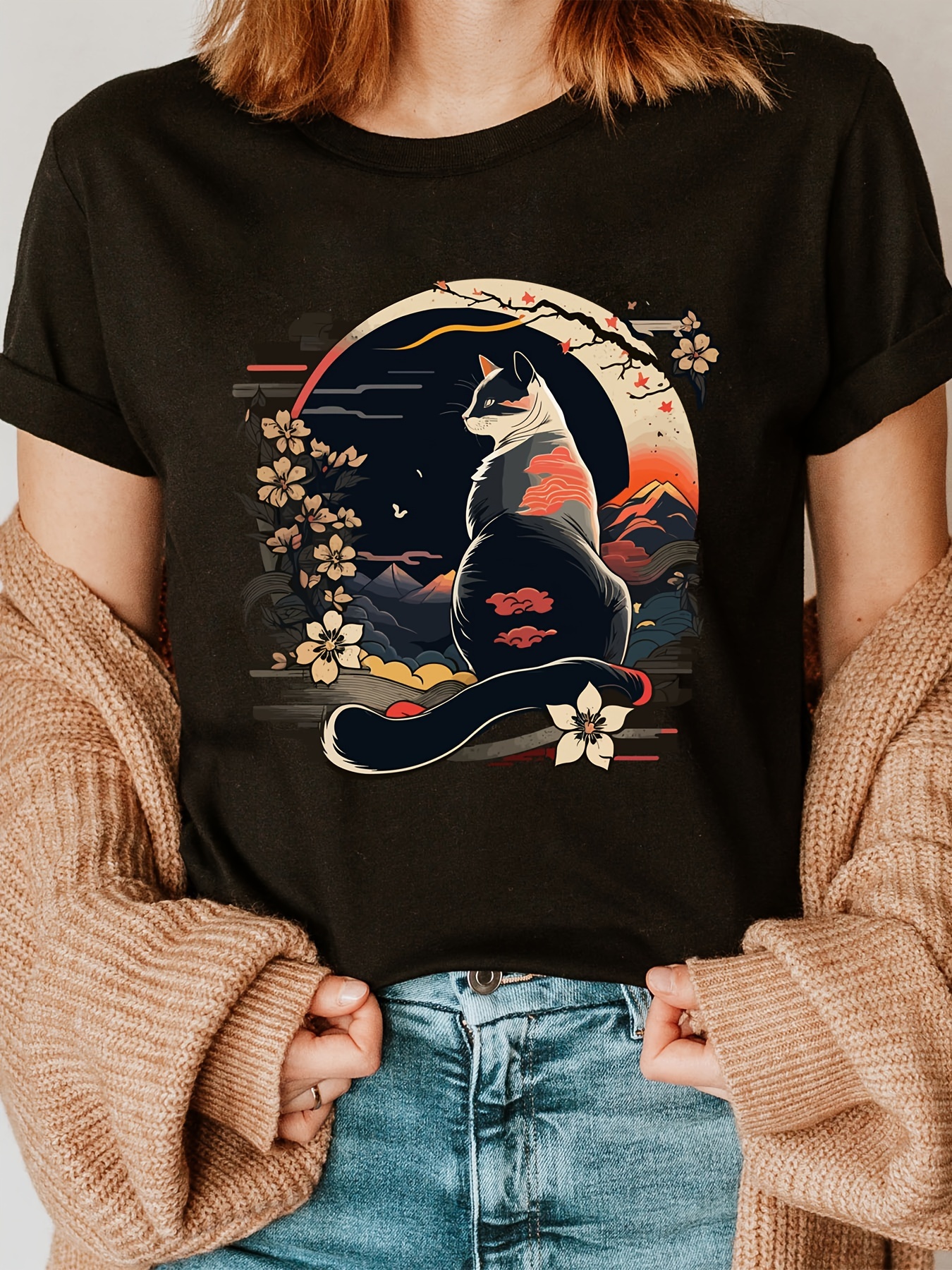 vintage japanese cat print t shirt women's casual cotton tee