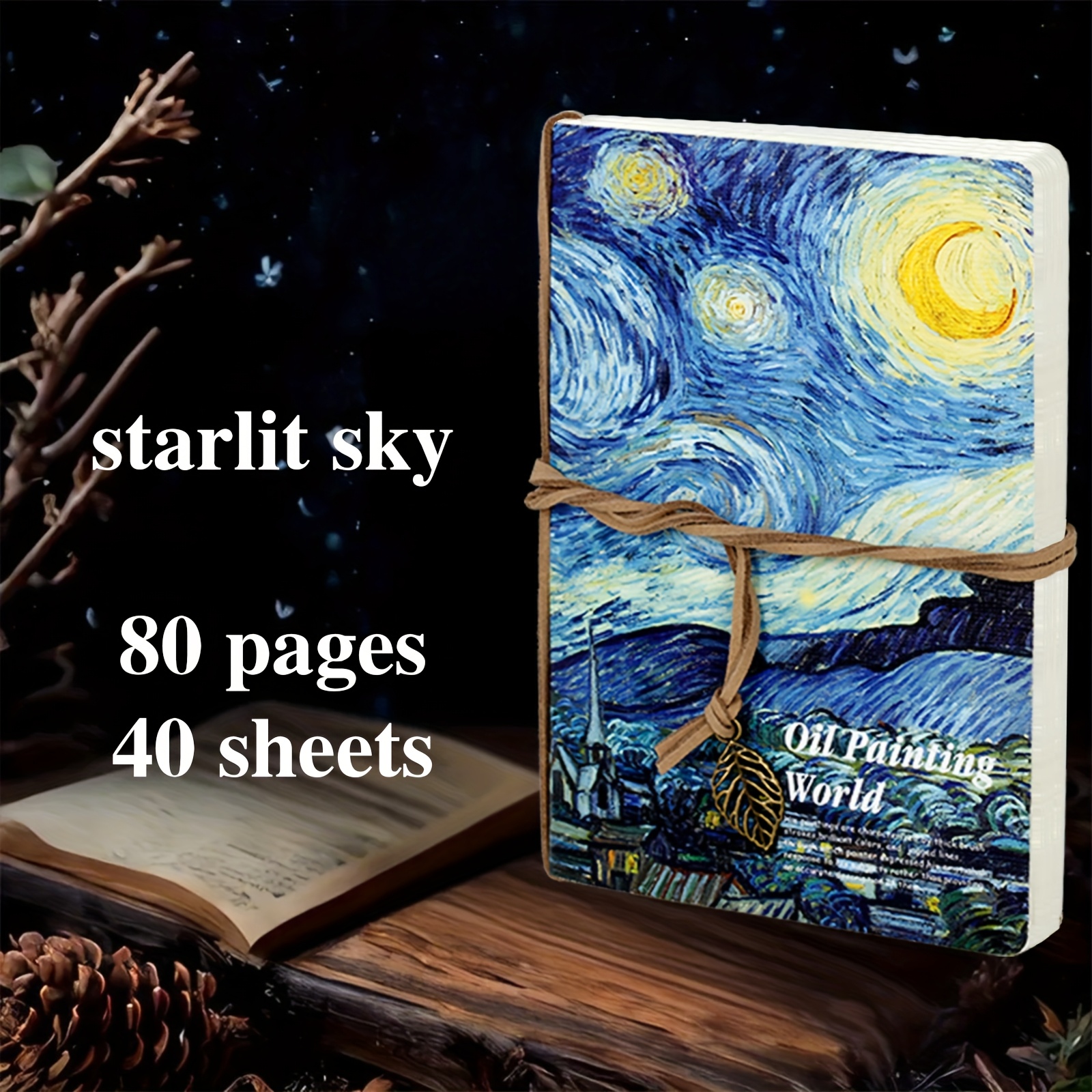 TEMU 1pc A5 Van Gogh Oil Painting Sketchbook - 80-page Portable Travel Notebook With Vintage Leaf Tag, Bandage Binding & Starry Night Design, Blank