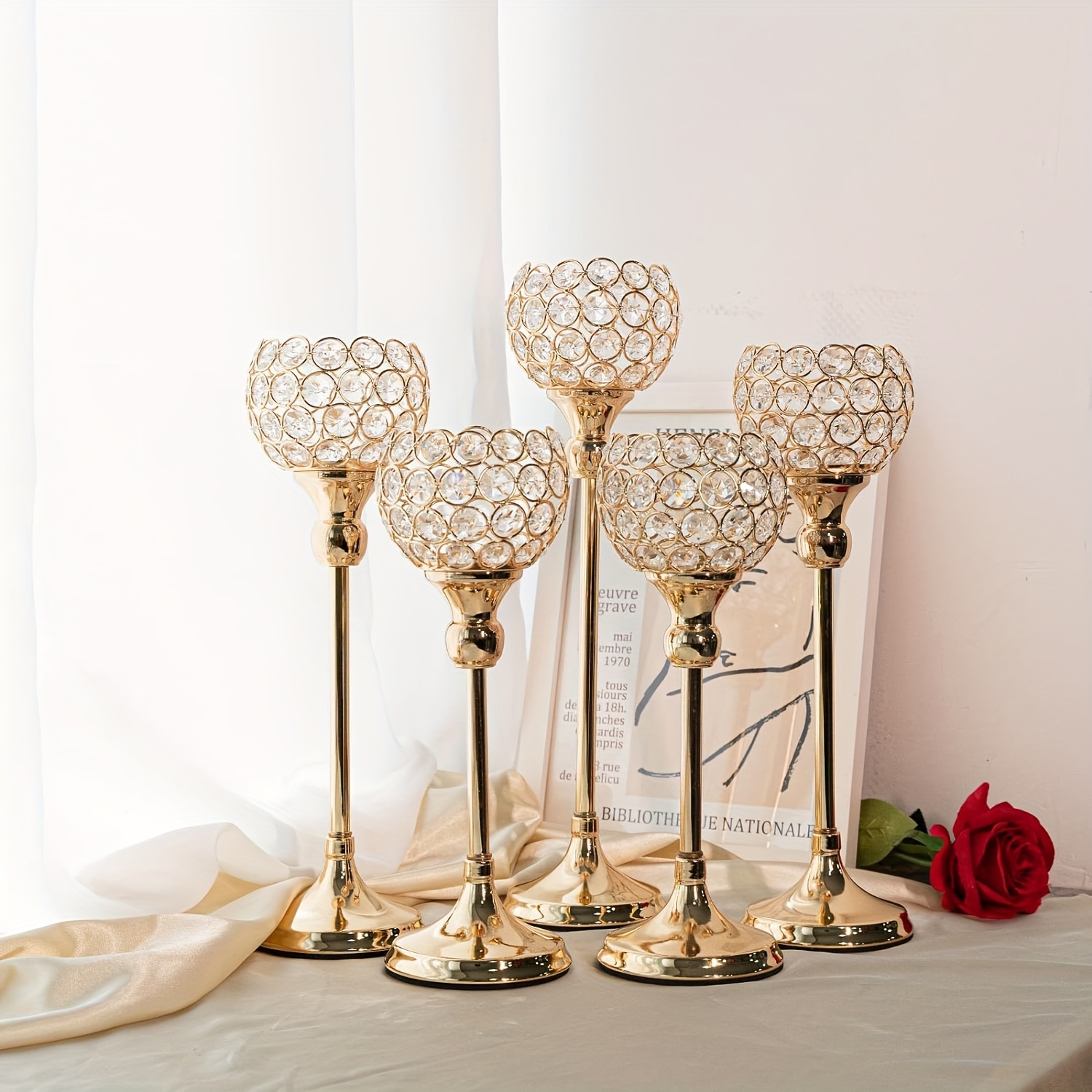 

Set Of 5 Gold Crystal Candle Holder, Tea Light Candlestick Holders For Wedding Centerpiece Decoration, Ball Candle Holder For Party Living Room Dining Table Fireplace Decor