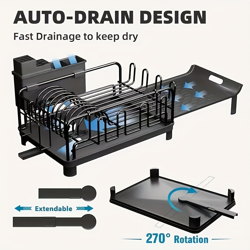 expandable kitchen dish drying rack with set black metal countertop organizer for plates cups utensils adjustable length with utensil holder glassware rack space saving design for small spaces drying rack for kitchen counter standing shelf standing shelf details 4
