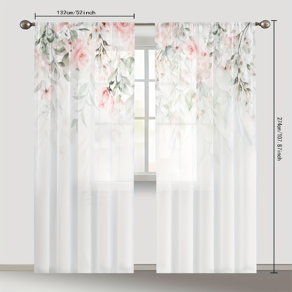 TEMU 2pcs Hand-painted Red Flower Leaf Curtain Curtain, Bar Gauze Curtain, Living Room Bedroom Curtain, Room Decoration, Party Festival Decoration,